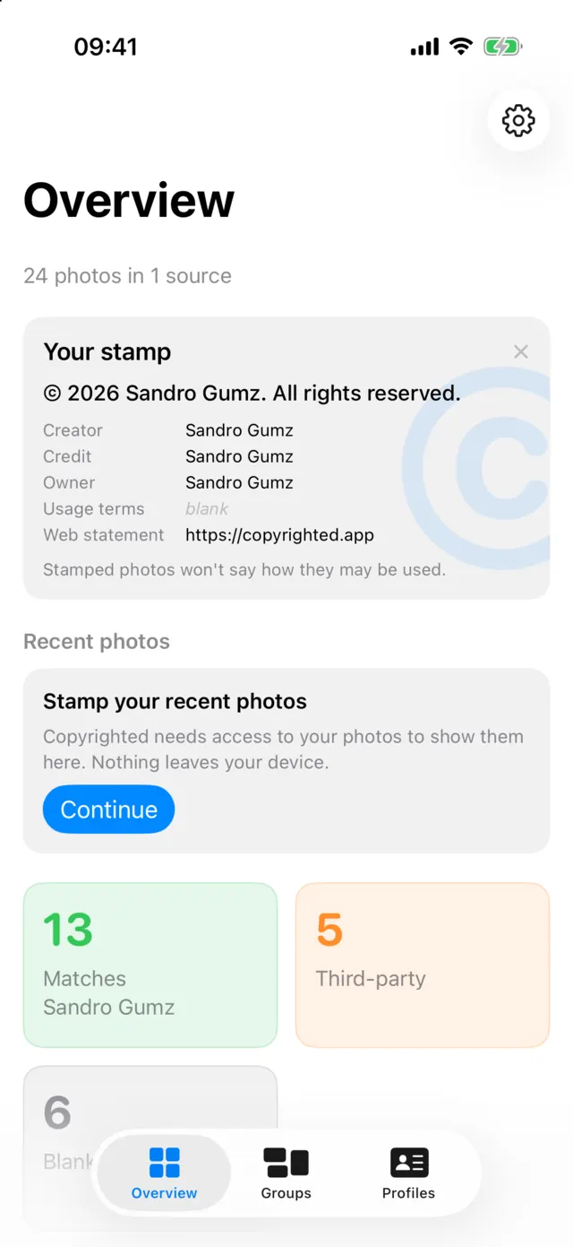 Copyrighted su iPhone: la schermata Overview con il tuo timbro e le foto che corrispondono a te