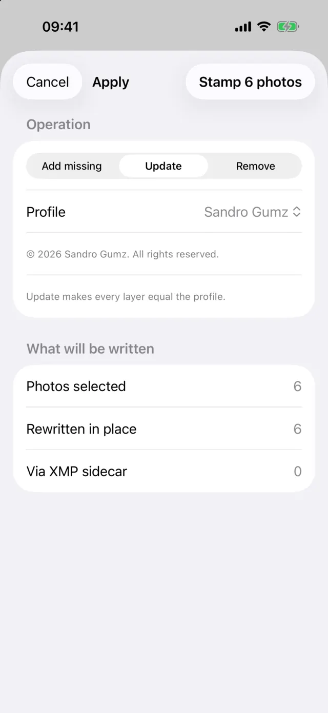 Il pannello Apply su iPhone: Add missing, Update o Remove, il profilo e quante foto verranno riscritte direttamente o tramite un file collaterale