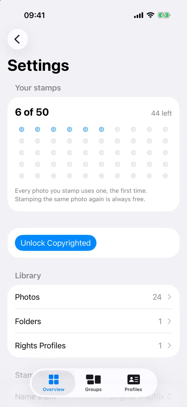 Settings su iPhone: Your stamps, 6 su 50 usati